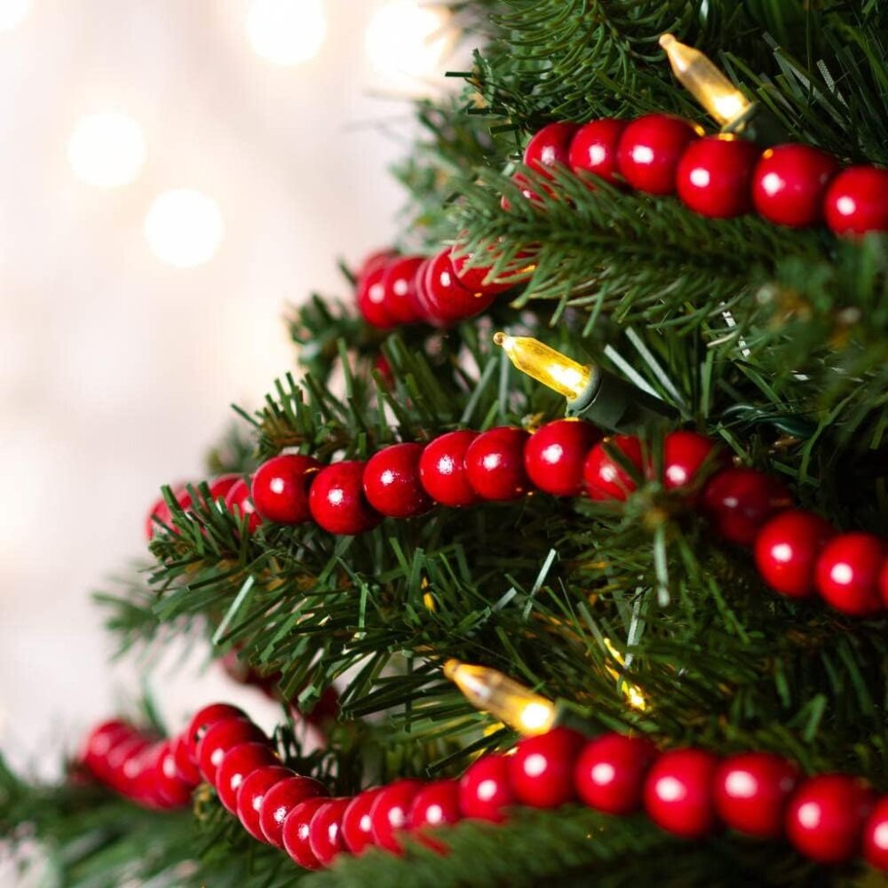 Red Wooden Bead Christmas Garland – Classic Holiday Tree Decoration – 110"